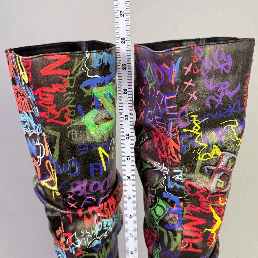 Revive Graf Multicolor Graffiti Print Over The Knee Flared Heel Boots woman  6.5